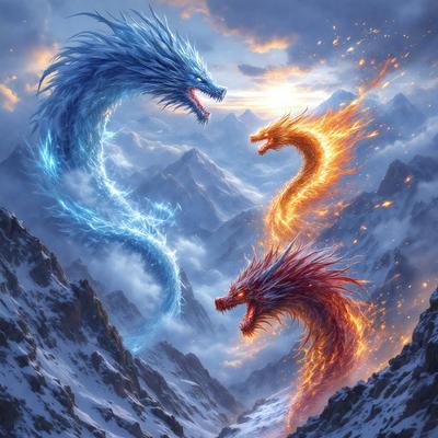 The primary subject of the image is a pair of dragons, one blue and the other orange, facing each other in a mountainous setting. The dragons are positioned in such a way that they appear to be fighting or engaging in a confrontation. The setting includes a mountain range in the background, adding to the dramatic atmosphere of the scene. The visual style of the image is digital art, with the dragons and mountain range depicted in a detailed and vibrant manner. The dominant colors in the image are blue and